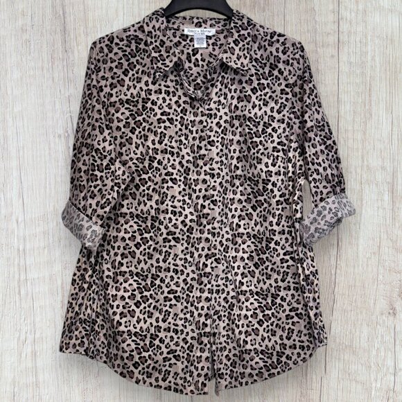 REBECCA MALONE Leopard Print Stretch Cotton Button Front Blouse Top Tunic 2X - Picture 1 of 6